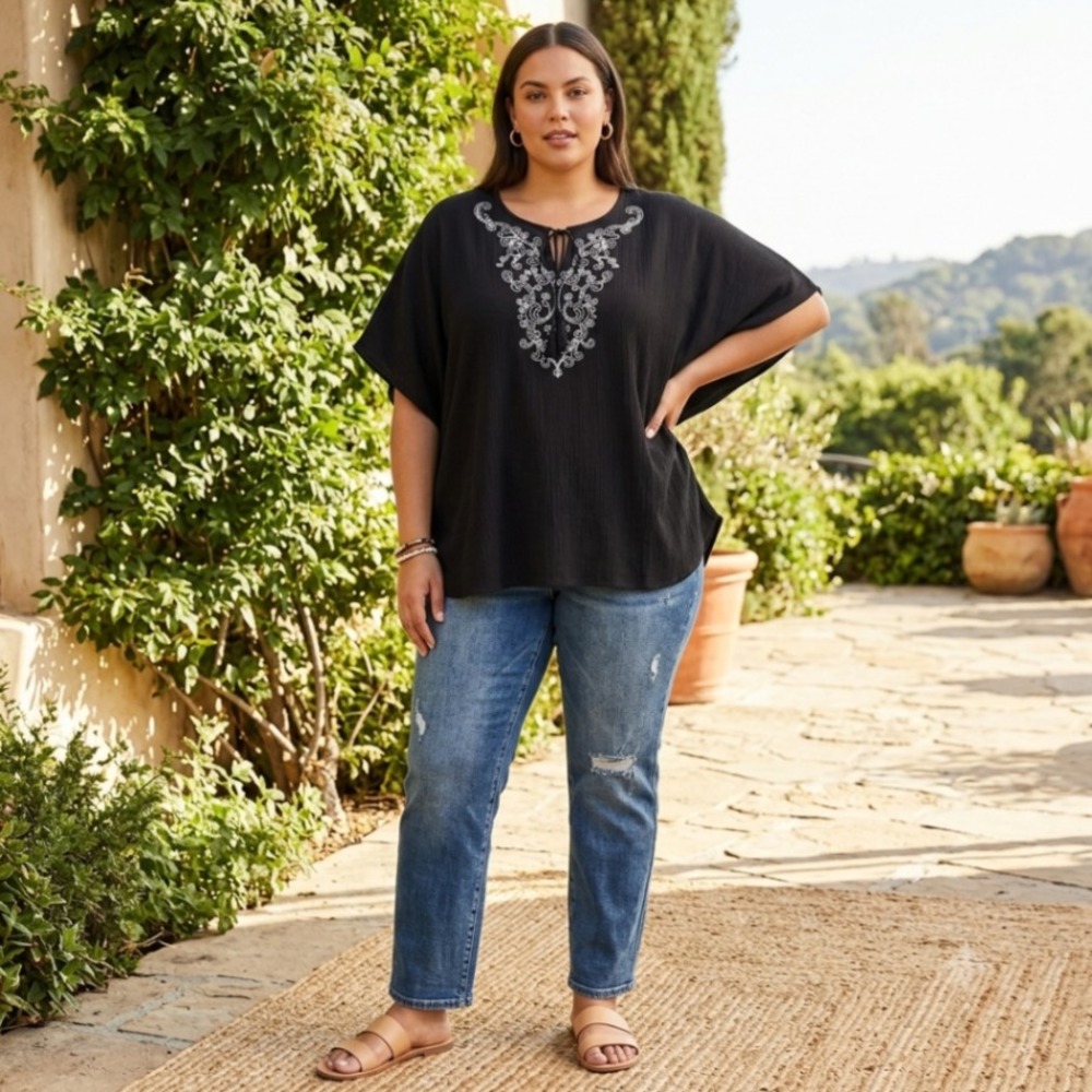 Womens Denim & Co Boho Embroidered Poncho Tunic Top Black Plus 1X Tassel Gauze